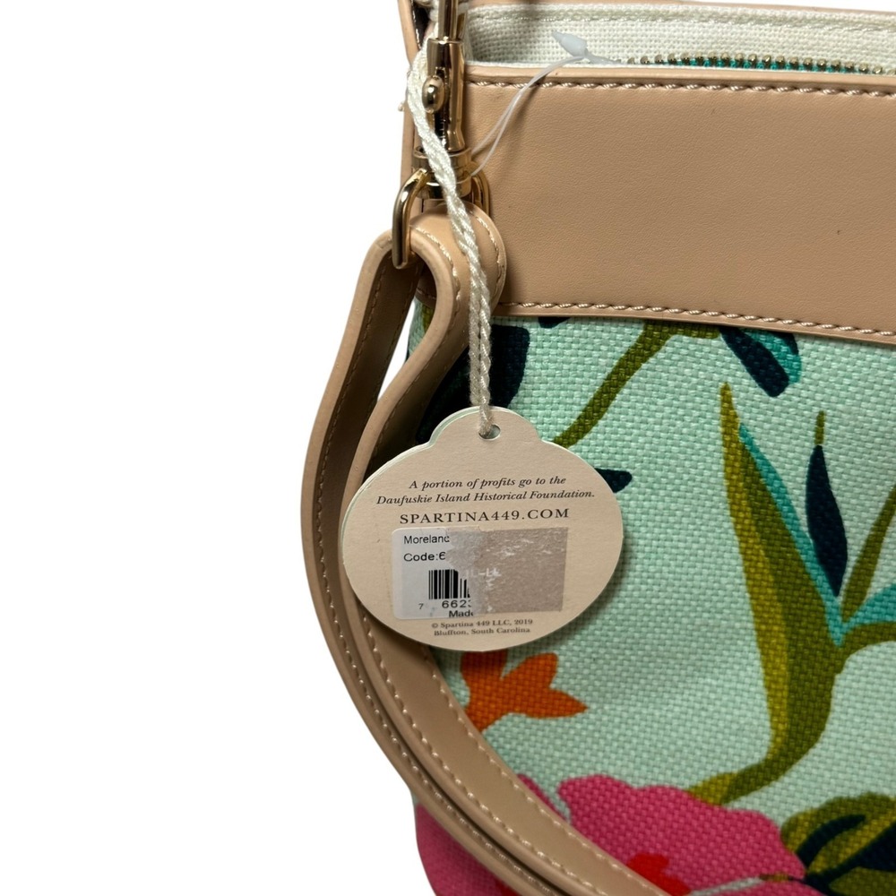 Spartina 449 Crossbody Bag 9" Aqua Tropical Floral Tan Adjustable Strap New - Picture 5 of 9